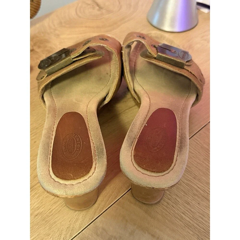 Dr Scholl’s The Original Big Buc Wooden Wedge Heel Vintage Tan Leather Size 9
